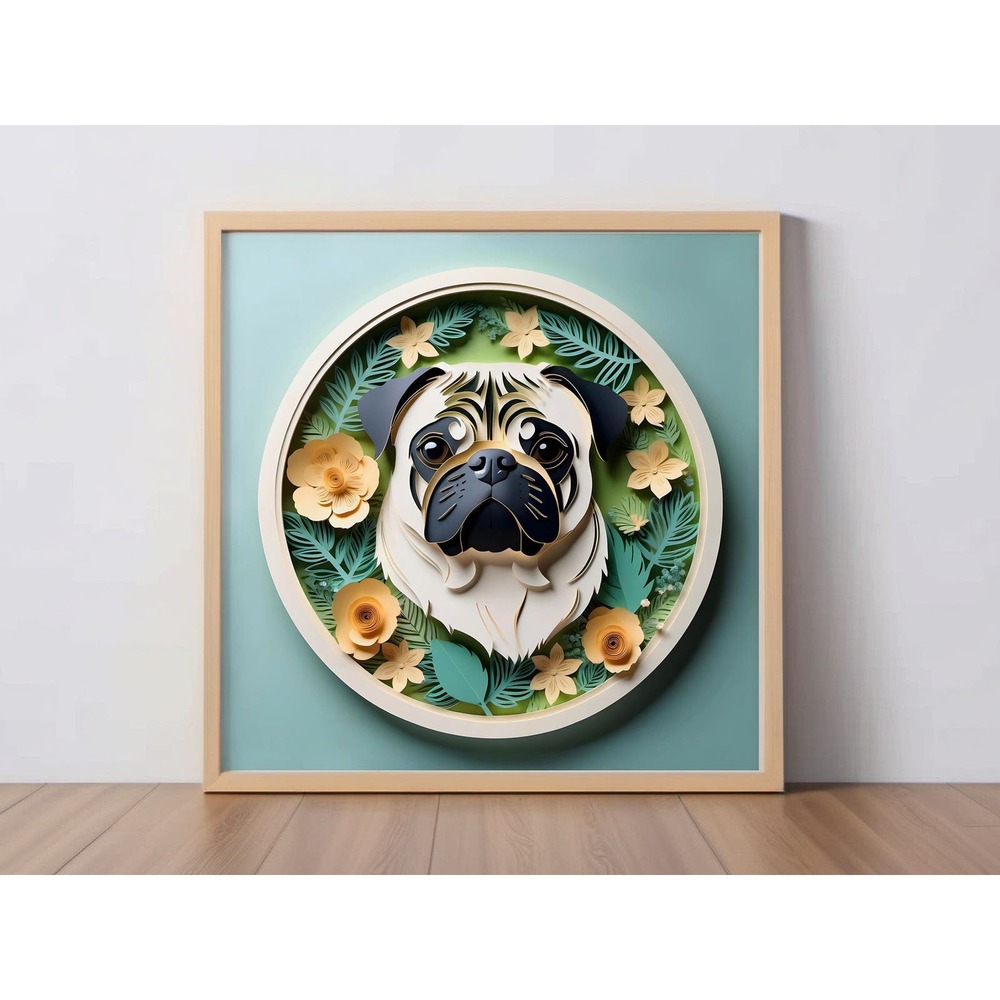 Pug Papercut Art: 12x12 Tan Pug Dog Pet Portrait Digital Art Print, Memorial